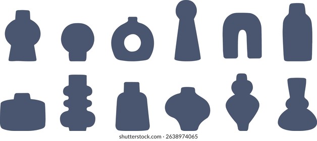 Vase silhouettes set. Modern art deco ceramic or stoneware decorative container shapes. Minimalist home decor elements, interior design items, pottery collection, contemporary vessel icons.