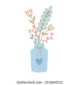 A vase with simple uncomplicated flowers and twigs in rustic style. Cozy natural vector design.
