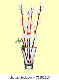 vase with snowdrops and willow branches on a yellow background