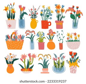 Vase with Spring Flower Bunch or Bouquet as Home Botany Decor Big Vector Set