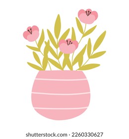 Vase with spring flowers. Vector illustration. Flat hand drawn style. Cute bouquet of flowers with leaves.