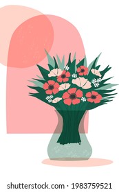 A vase with a summer bouquet of flowers on the background of the arch window and the sun. Contemporary, abstract, minimalistic poster, postcard. Vector graphics.