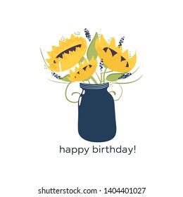 Vase with sunflowers with a place for yout text. Great country illustration design for birthday, wedding, date, sale, anniversary invitations, cards, posters, flyers, banners.