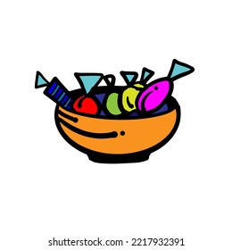 Un jarrón con dulces. Un boceto dibujado a mano. Ilustración del doodle de color del vector.