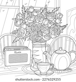 vase tea plants cup landscapes coloring books black and white lines illustrations  sketch painting draw doodle art 