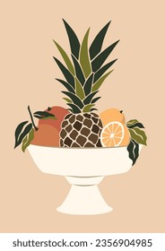 vase of tropical fruits, trendy abstract boho summer art, isolated vector illustration, cottagecore style print 