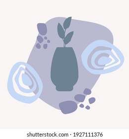Vase with tropical plants and abstact colorful shapes