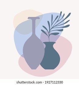 Vase with tropical plants and abstact colorful shapes