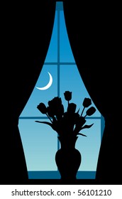 The vase with tulips costs at a window against the night sky