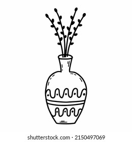 Vase with twigs of plant. Vector doodle illustration. Element for design of postcard.