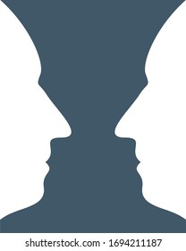 A vase or two face profile view. Optical illusion. Human head make silhouette of goblet. Gradient paint horizontal lines