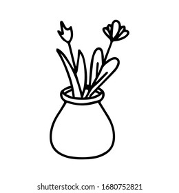 Vase with two flowers vector illustration. Two flowers in vase vector design. Tulip and lavender flowers in simple minimalistic vase outline on white background isolated