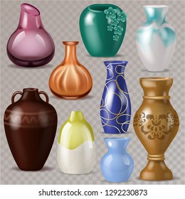 Vase vector decorative classic pot and decor modern pottery elegance vases illustration set of ceramic beautiful glass jar isolated on transparent background