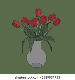 A vase with vibrant red tulips set against a lush green background, creating a striking contrast. The bold red petals and delicate stems add elegance and freshness, making it a perfect blend of nature