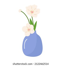 Vase with white flowers. Vector still life illustration.