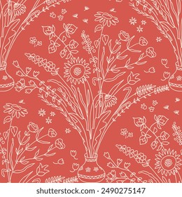 Vase with wild flowers. Red background and white line drawings. Ogee repeat pattern. For wallpaper, fabric, or other decorative purposes.