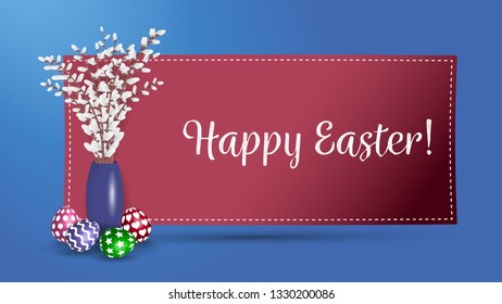 Vase with willow and Easter eggs. Easter vector banner.
