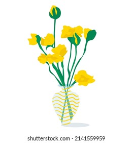 Vase with yellow flowers. Spring composition. Flat vector illustration isolated on white background for postcards, backgrounds and more.