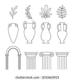 Vases, amphora, antique columns, tropical leaves   silhouettes collection. Outline vector icon set.