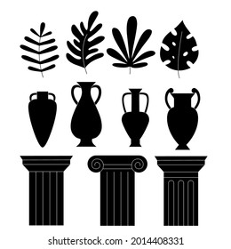 Vases, amphora, antique columns, tropical leaves   silhouettes collection. Vector icon set.