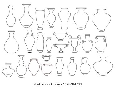 Vases and amphora linear illustration. Ceramic vase, ancient clay pot, vector illustration.
