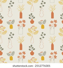 Vases and autumn leaves seamless pattern. Graphic background with fall elements. Hand drawn illustration. Lino stamp style wallpaper art. Home and table decor concept.