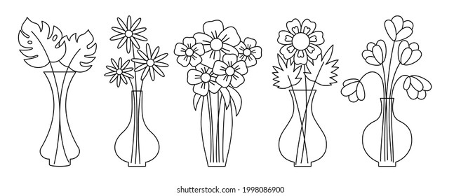 Vases black line and flowers with long stems vector flat set. Icons for mobile app and websites. Design for greeting cards, banners, invitations, posters. Monstera, tulips, chamomile, gerbera.