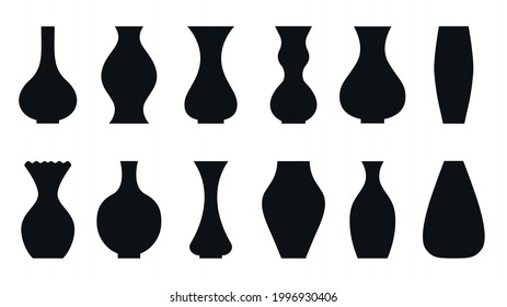 Vases black silhouette symmetrical vector flat set isolated on white background. Icons for mobile app and websites. For posters, banners, advertisements, logos. Design element, decor object. Stickers