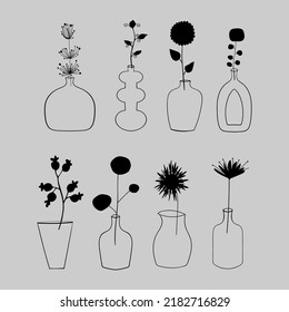 Vasijas y botellas con flores y plantas. Ilustración vectorial. Siluetas negras. Ajustado para el diseño gráfico. Elementos botánicos. 