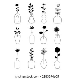 Vases and bottles with flowers and plants. Vector illustration. Black silhouettes. Set for graphic design. Botanical elements. 