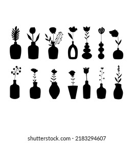 Vases and bottles with flowers and plants. Vector illustration. Black silhouettes. Set for graphic design. Botanical elements. 