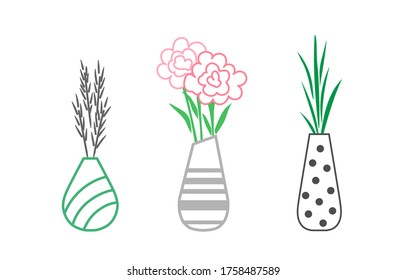 Vases with bouquets. Linear minimalistic vector illustration.