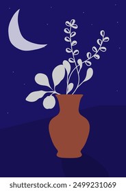 Vases with branches of plants on the background of the moon and the starry sky. A template for posters, prints, interior design and creative ideas
