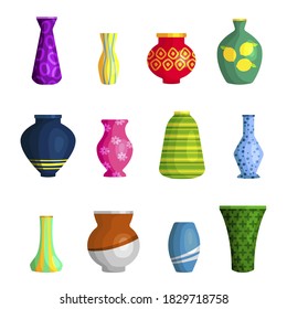 Vases ceramic of different shapes and colors cartoon set. Porcelain flower vessels, waterpot. Flowerpot assortment. Home interior decoration. Vector flat collection isolated on white background.