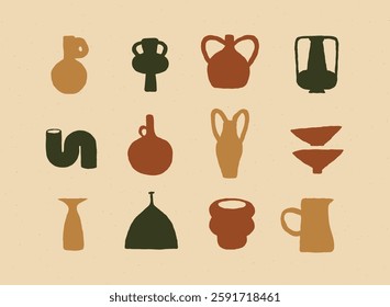 Vases ceramic set different form drawn in art style on beige color background