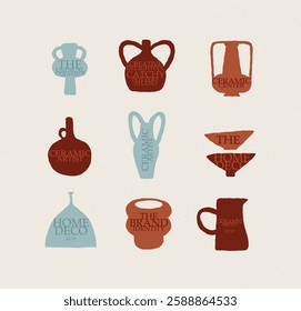 Vases ceramic set with lettering different form drawn in art style on white color background