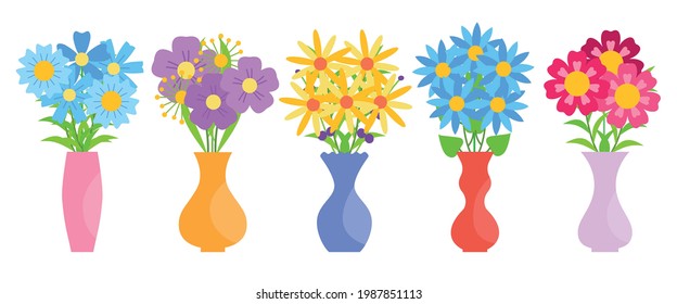 Vases with colored blooming flowers set. Gerberas, asters, buttercups, chrysanthemums. Bundle of bouquets. Design for greeting cards, banners, invitations, posters. Herbal element. Vector flat style