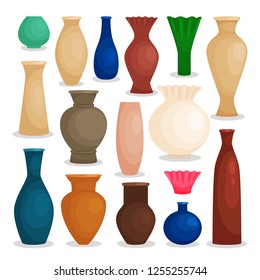 Vases colorful icons set, pottery collection on white background, vector illustration