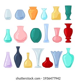 Vases colorfull set.18 items of different shapes. Vector isolated on a white background.