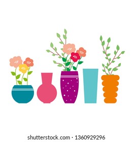 Vases different shapes. Illustration of vase with flowers. Banch with green leaves. Ceramic vase. Glass vase. Decoe for house. Vase of flowers. Flowerpot. Mother's Day. 