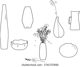 Vases of different shapes on a white background, linear vector set with a bouquet of meadow herbs.