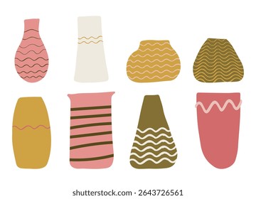 Vasos de diferentes formas e tamanhos. Conjunto de vasos vintage decorativos isolados sobre fundo branco. Contornos de vasos de flores. Ilustração vetorial.