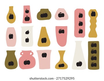 Vasos de diferentes formas e tamanhos. Conjunto de vasos vintage decorativos isolados sobre fundo branco. Contornos de vasos de flores. Ilustração vetorial.