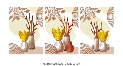 Vases, dry branches, golden feathers, wall poster set, color drawing