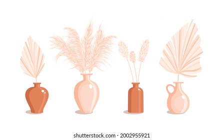 Vases with dry grass and palm leaves. Dried floral ornament elements in boho style. New trendy home decor. Vector flat illustration isolated on white background.