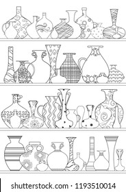 vases with ethnic ornament on shelves for your coloring book