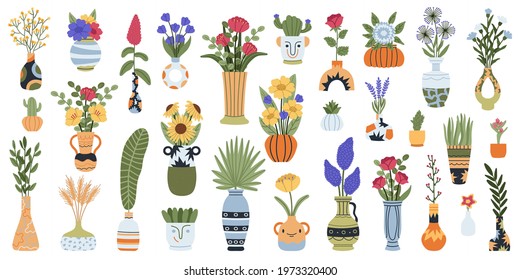 Vases with flowers. Blooming lilac, narcissus and tulips flowers bouquets in ceramic, clay or porcelain vases vector illustration set. Bouquet in vase, flower blossom floral, flora for decoration