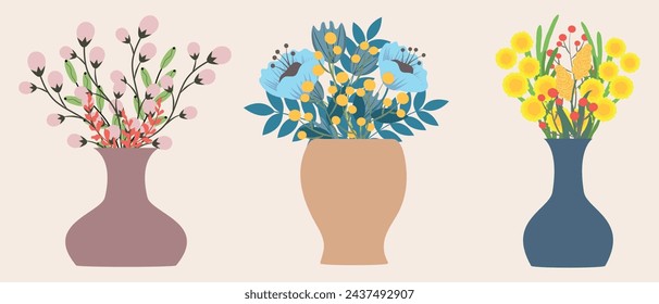 Vases with flowers. A bunch of bouquets of flowering plants in colorful vases drawn in a flat style. Design for greeting cards, banners, invitations, posters.