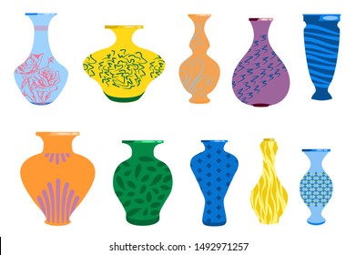 Vases for flowers. Ceramic colored vases collection. Сeramics vase objects, antique pottery cups with floral and abstract patterns. Isolated on white vector illustration set