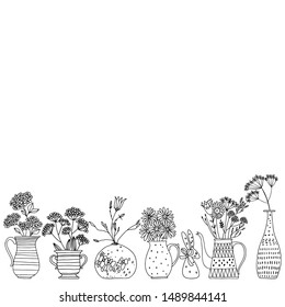 Vases with flowers. Decorative strip. Vector illustration on white. Line art.